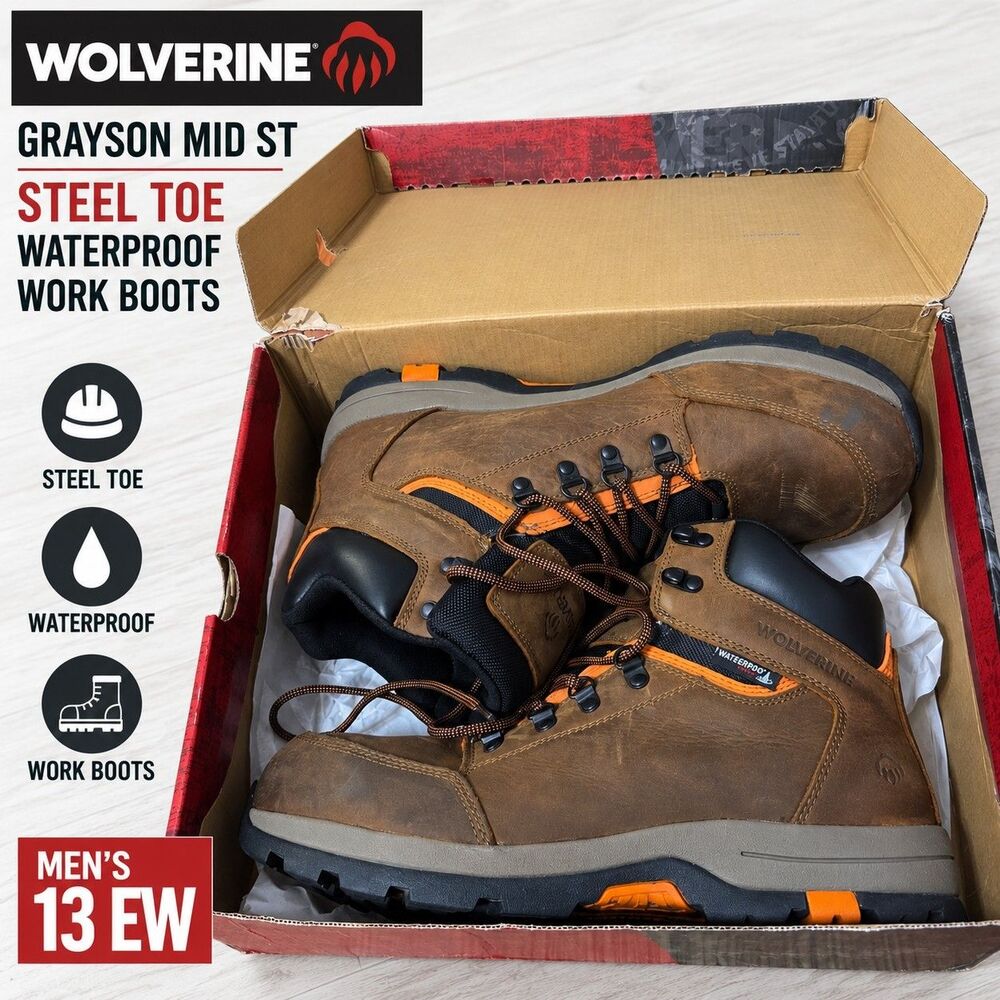 Wolverine Grayson Mid ST Steel Toe Waterproof Work Boots Men's 13 EW Brown